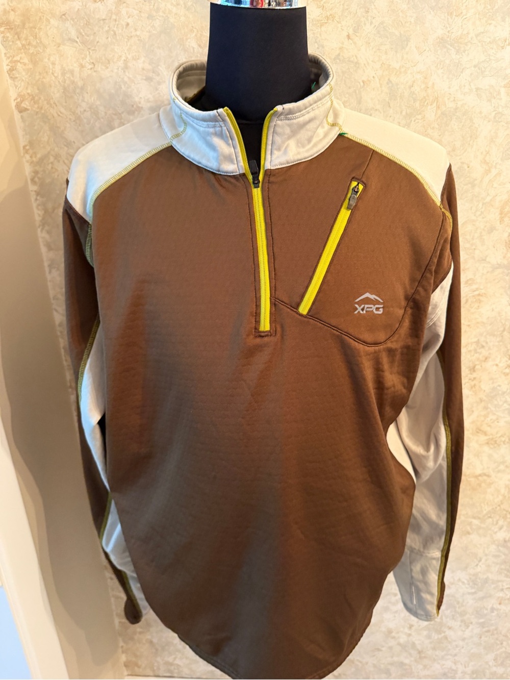 Men's Brown Half-Zip Pullover Jacket with Yellow Accents